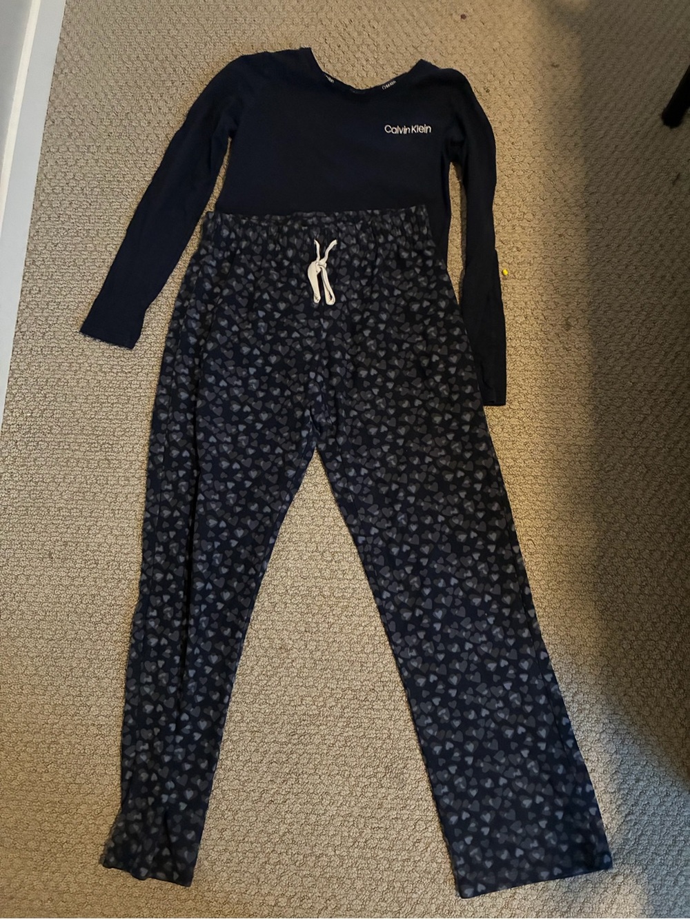 Calvin Klein Navy Long Sleeve Top with Navy Heart-Print Pajama Pants